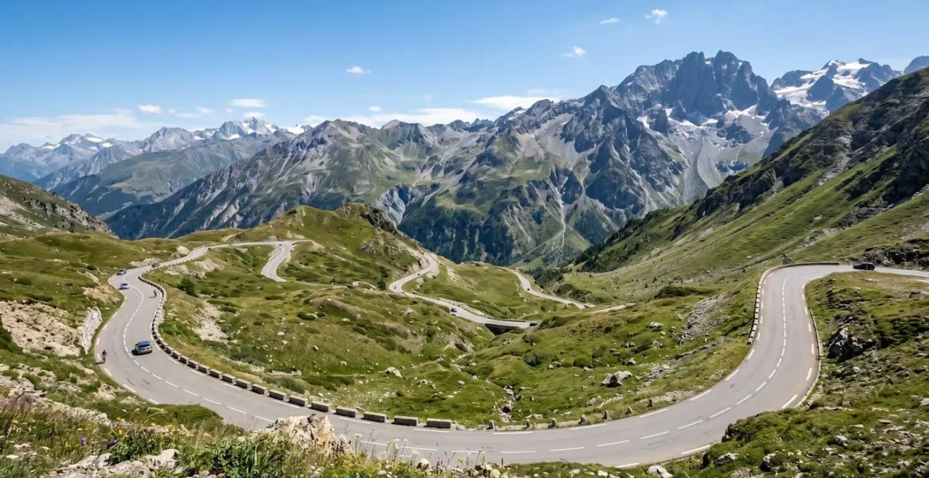 Vue panoramique grand angle d'un col de montagne en Haute-Savoie avec une route sinueuse qui monte dans la végétation alpine sous un ciel dégagé, sans présence humaine au premier plan